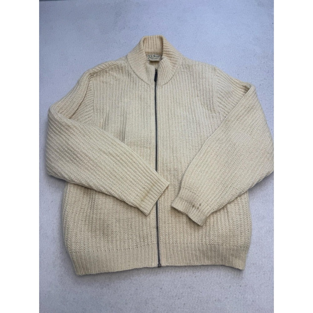 Vintage L.L. Bean Sweater Womens Large White Wool Alpaca Mock Neck Full Zip Knit